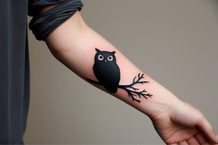 Dark Silhouette Owl Tattoo On Forearm