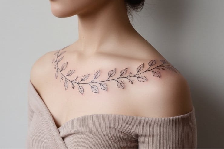 Delicate Floral Vine Tattoo For Women's Shoulder