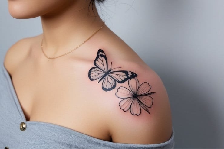 Elegant Butterfly & Flower Tattoo on Shoulder for Women 2