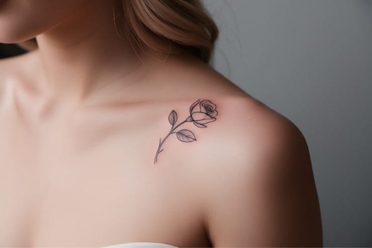 Elegant Rosebud Tattoo on Shoulder for a Feminine Look