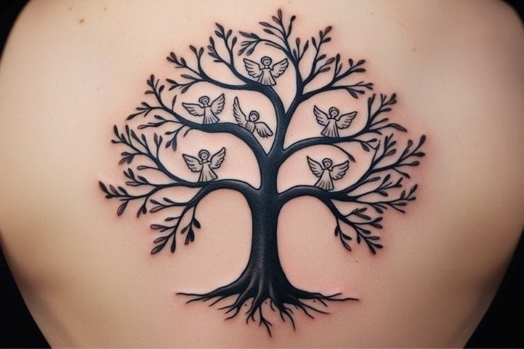 Family Tree With Angels On Branches Tattoo