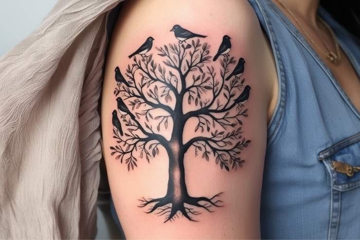Family Tree With Birds On Branches Tattoo