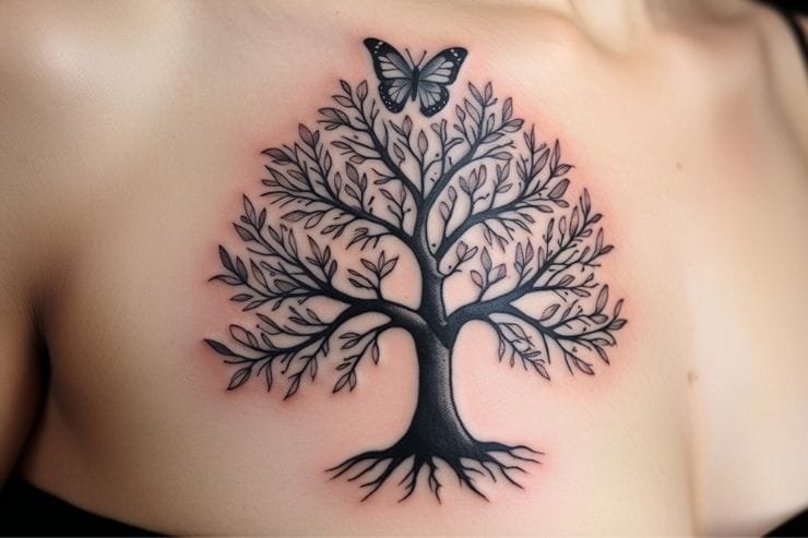 Family Tree With Butterfly Symbolizing Transformation Tattoo 2
