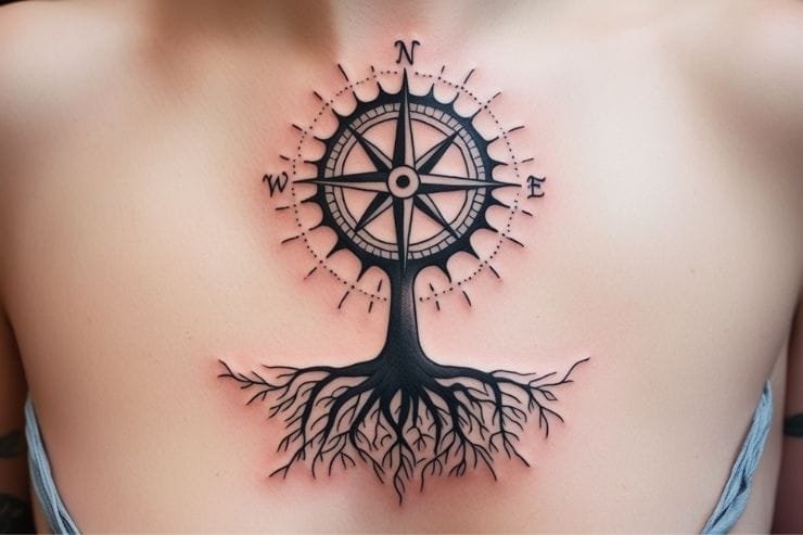 Family Tree With Compass Rose Roots Tattoo 2