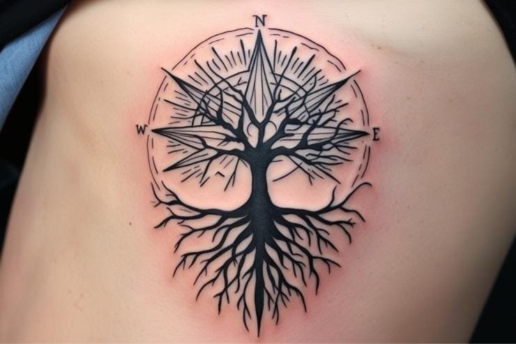 Family Tree With Compass Rose Roots Tattoo