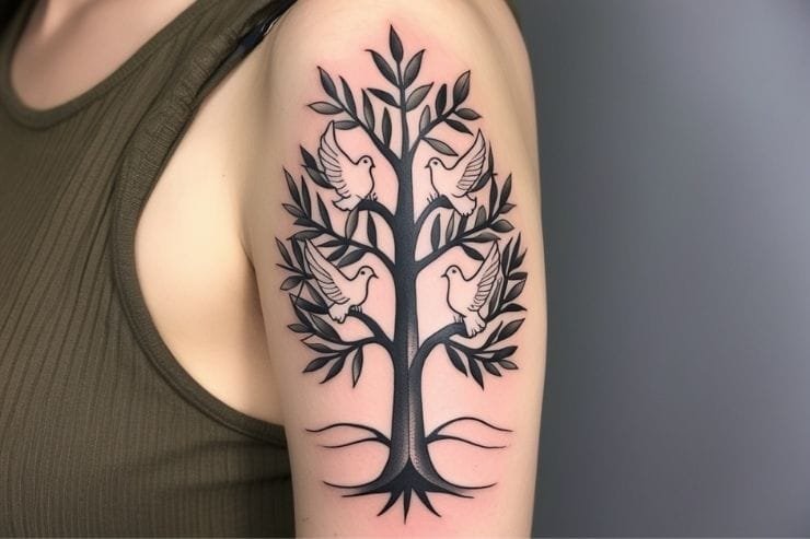 Family Tree With Dove And Olive Branches Tattoo 2