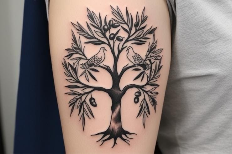 Family Tree With Dove And Olive Branches Tattoo