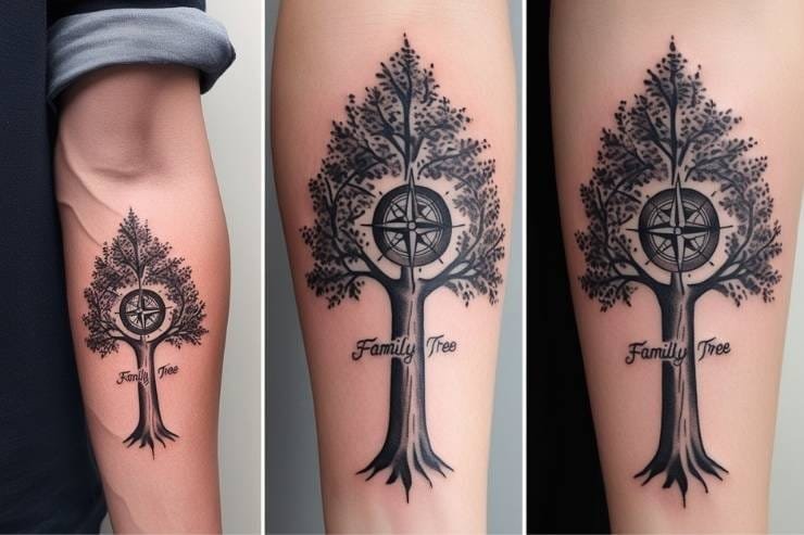 Family Tree With Engraved Compass Tattoo 2