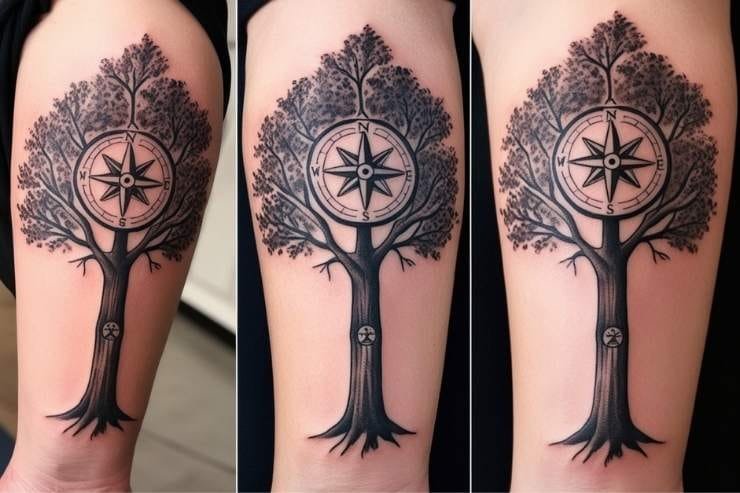 Family Tree With Engraved Compass Tattoo