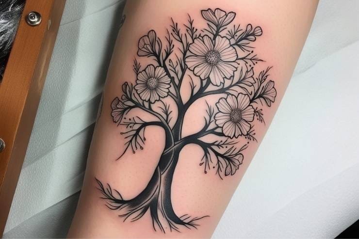 Family Tree With Flowered Branches Tattoo 2