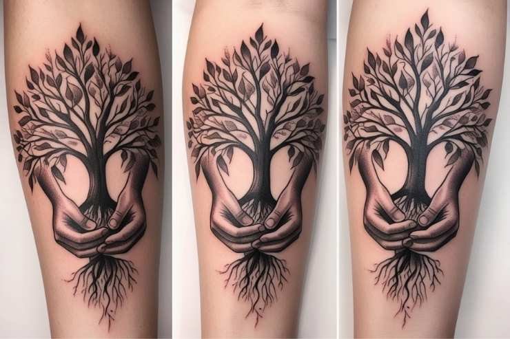 Family Tree With Hands Holding Roots Tattoo 2