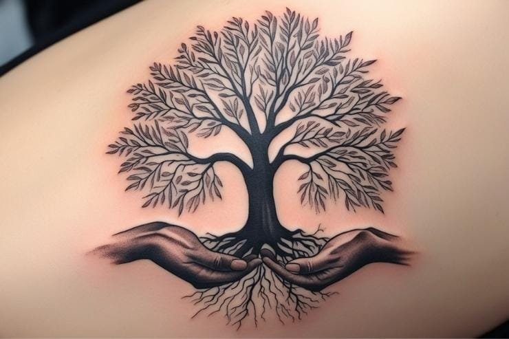 Family Tree With Hands Holding Roots Tattoo