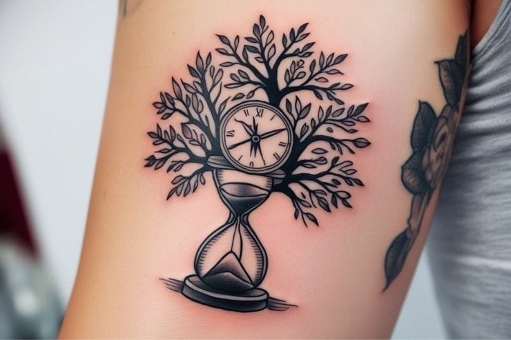 Family Tree With Hourglass And Clock Elements Tattoo 2