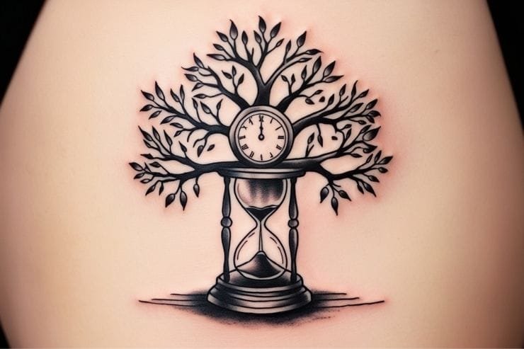 Family Tree With Hourglass And Clock Elements Tattoo