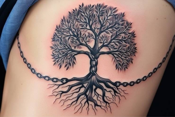 Family Tree With Linked Chain Roots Tattoo