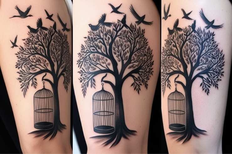 Family Tree With Open Cage And Birds Tattoo 2