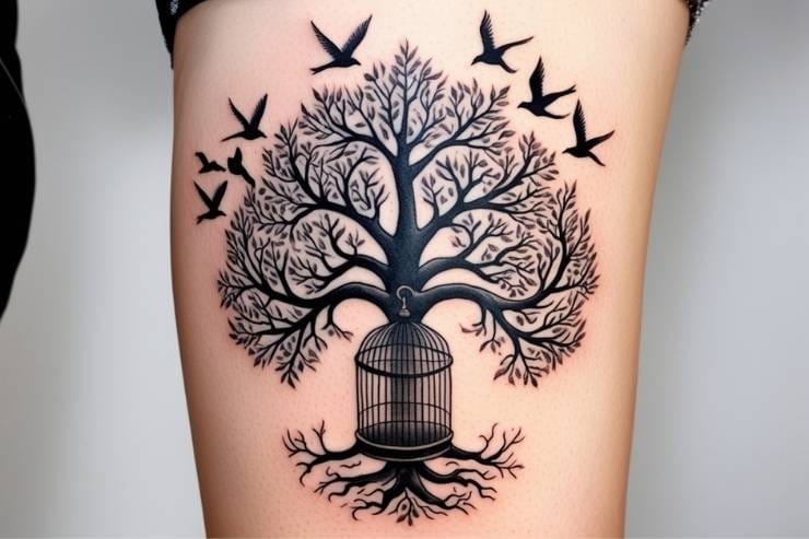 Family Tree With Open Cage And Birds Tattoo