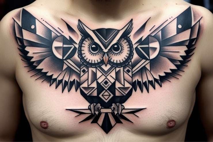 Geometric Owl Chest Tattoo With Strong Lines 2