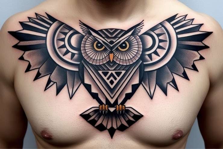 Geometric Owl Chest Tattoo With Strong Lines