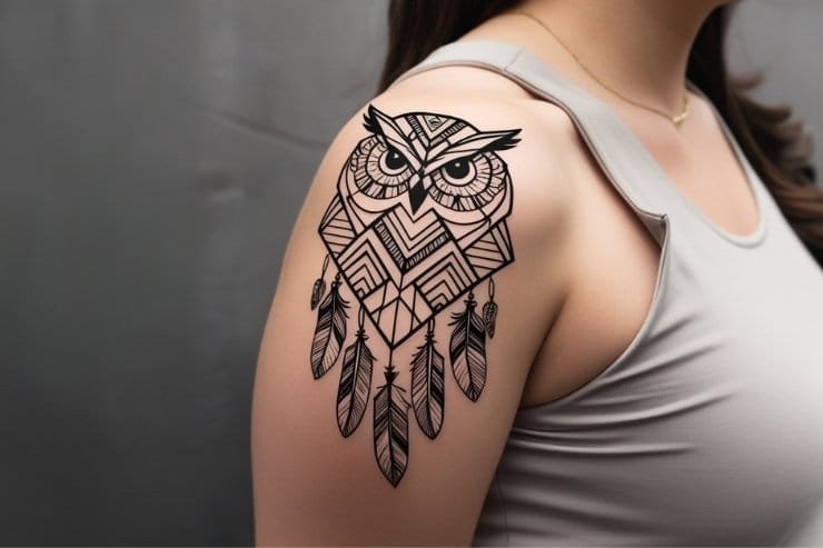 Geometric Owl With Feathers On Upper Arm