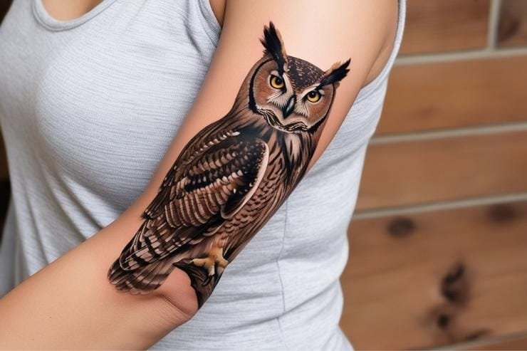 Majestic Realistic Owl Tattoo For Upper Arm