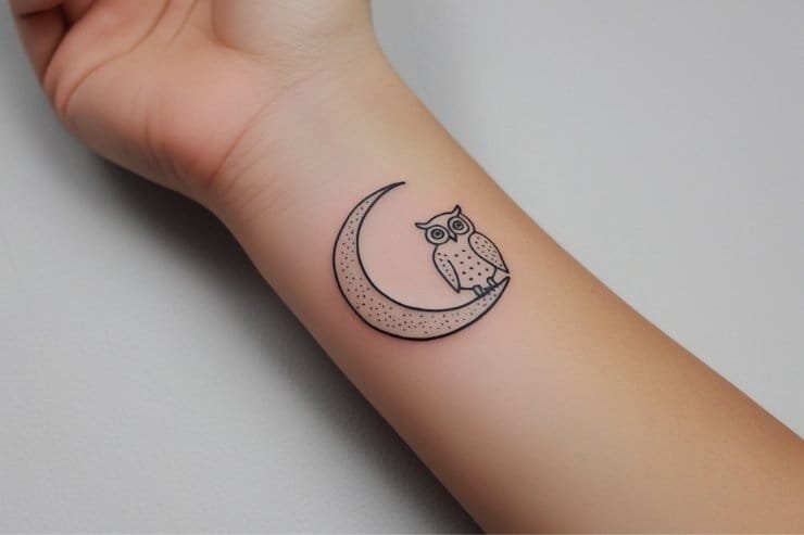 Owl And Crescent Moon Wrist Tattoo 2