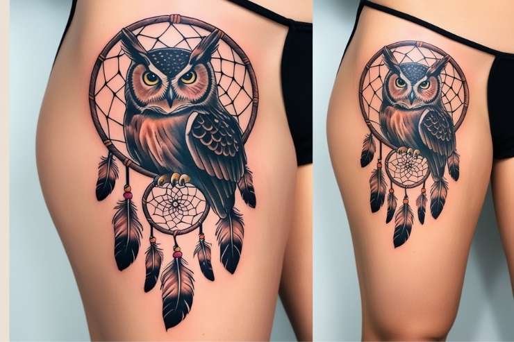 Owl And Dreamcatcher Tattoo On Thigh For Mystical Look 2