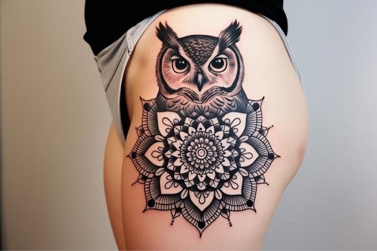 Owl And Mandala Tattoo On Thigh 2