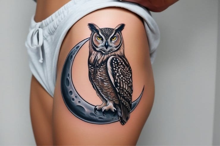 Owl Perched On Crescent Moon On Upper Thigh 2