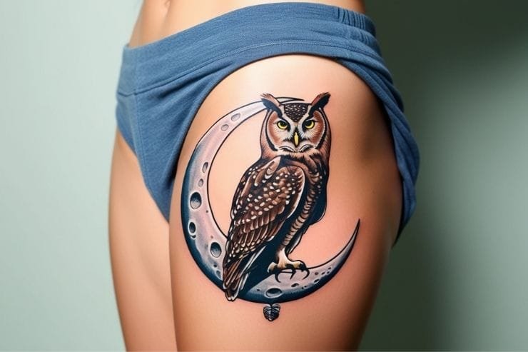 Owl Perched On Crescent Moon On Upper Thigh