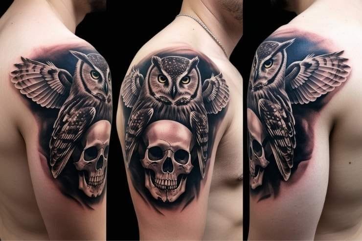 Owl Perched On Skull On Men's Shoulder 2