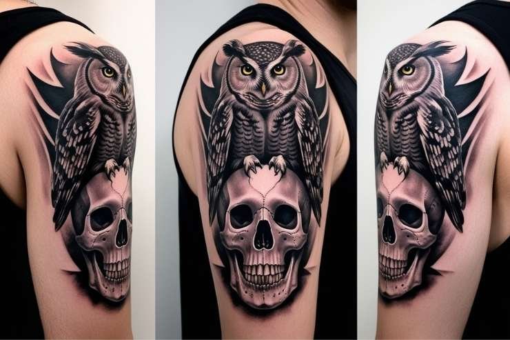 Owl Perched On Skull On Men's Shoulder