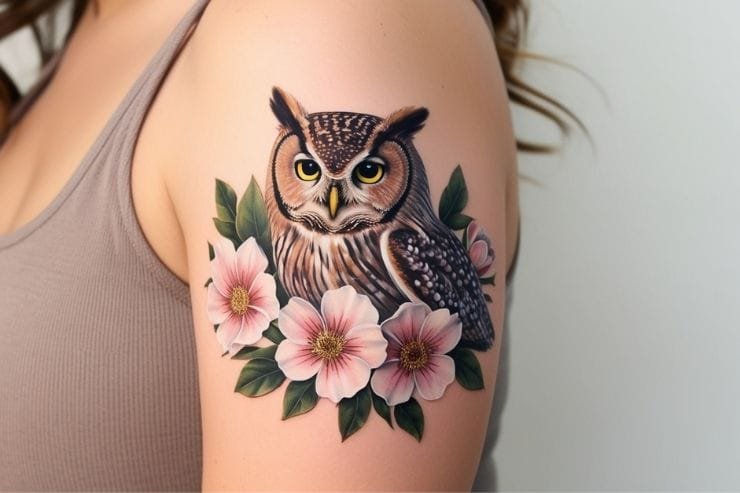 Owl Surrounded By Flowers On Arm 2