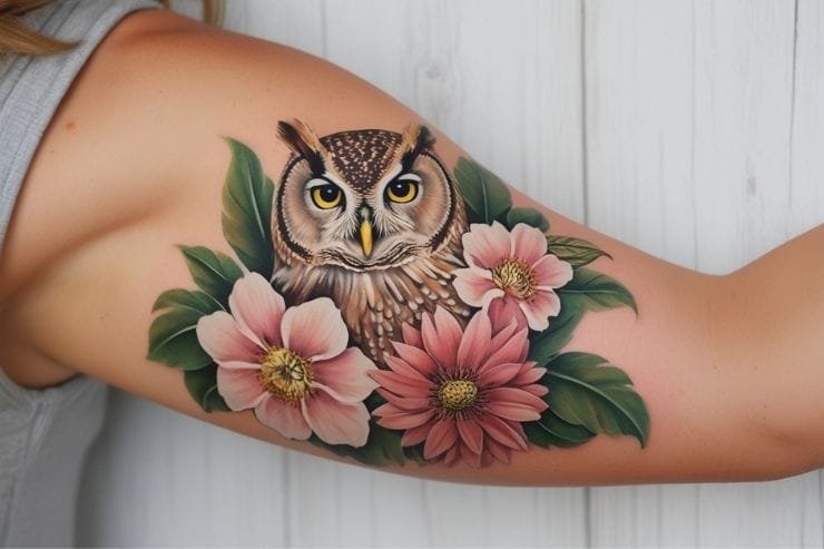Owl Surrounded By Flowers On Arm
