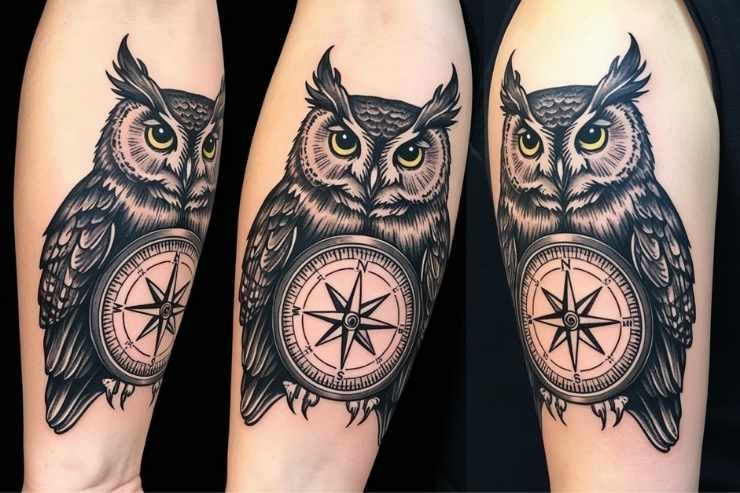 Owl With Compass On Forearm For Direction And Guidance 2