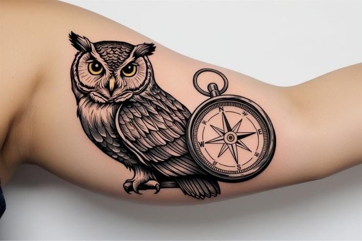 Owl With Compass On Forearm For Direction And Guidance
