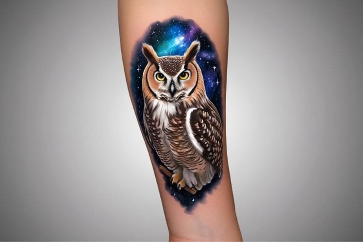Owl With Galaxy Background On Forearm 2