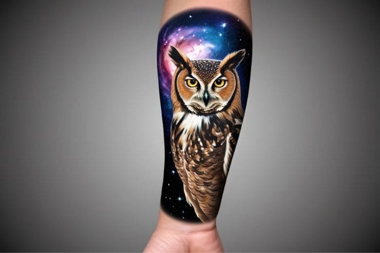 Owl With Galaxy Background On Forearm