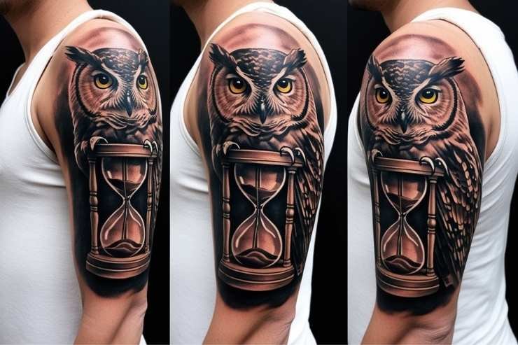 Realistic Owl With Hourglass On Upper Arm 2