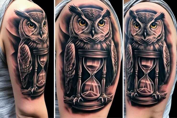 Realistic Owl With Hourglass On Upper Arm