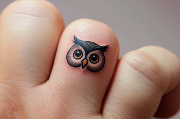 Small Owl Face Tattoo On Finger
