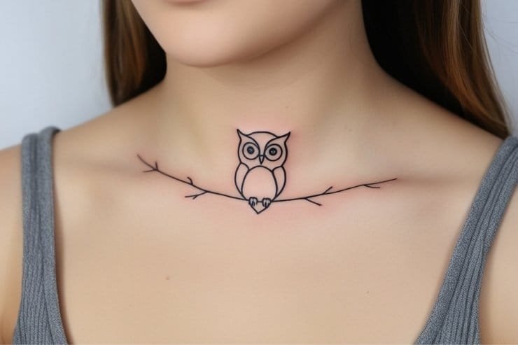 Thin-Line Owl Collarbone Tattoo 2