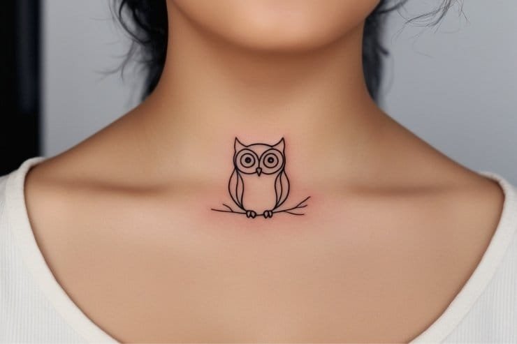 Thin-Line Owl Collarbone Tattoo