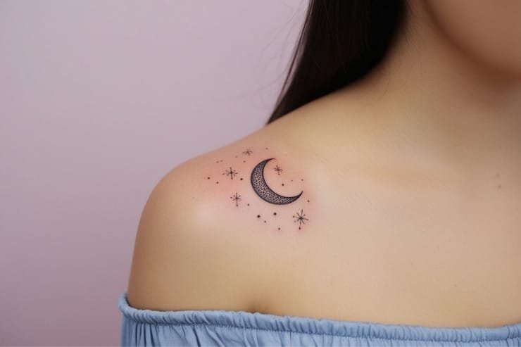 Tiny Crescent Moon & Star Tattoo on Women's Shoulder