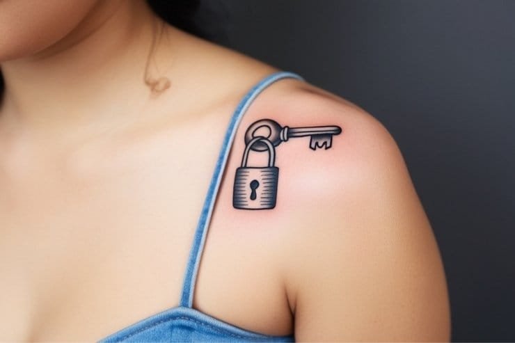 Tiny Key & Heart Lock Tattoo on Shoulder 2