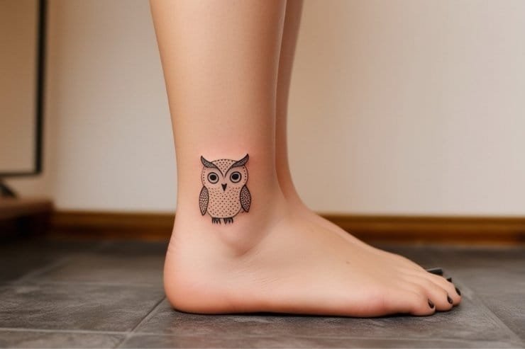 Tiny Owl With Dot Shading Tattoo On Ankle 2