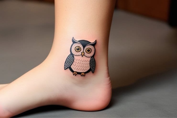 Tiny Owl With Dot Shading Tattoo On Ankle