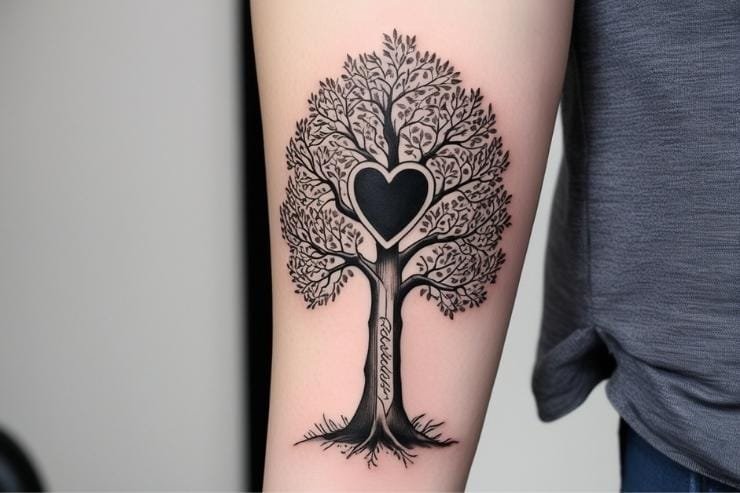 Tree With Engraved Heart in Trunk Tattoo