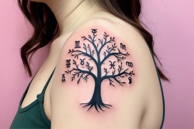 Tree With Family Members' Zodiac Signs Tattoo