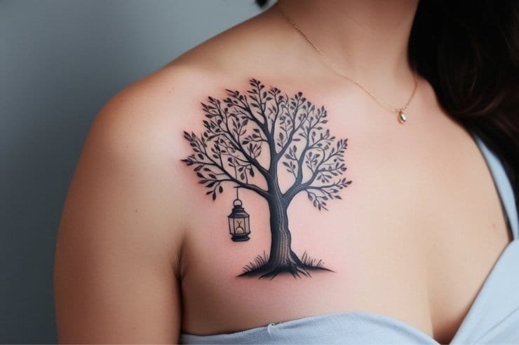 Tree With Lantern Hanging From Branch Tattoo 2